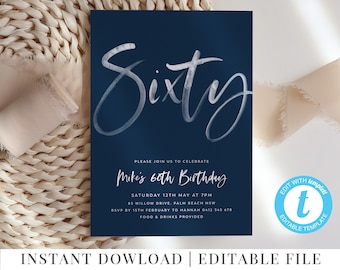 60th Birthday Invitation, Editable Navy InvitationTemplate, 60, Sixty, 60th Birthday Party Invite, Navy Invitation, Navy and White