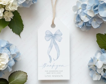 Printable Blue Bow Favor Tags, Blue Bow Baby Shower Favour Tags, Blue Bow Gift Tags, Thank You Tags, Boy Baby Shower Gift Tags Printable