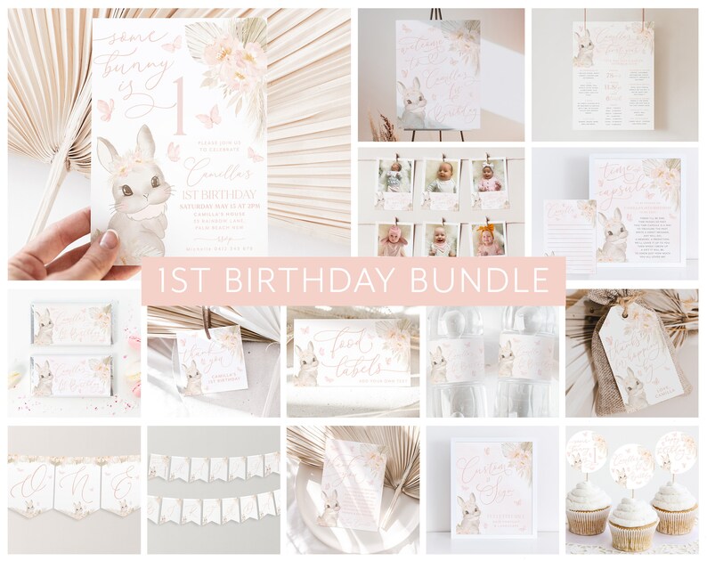 K&ouml;nnte beinhalten: Ein 1. Geburtstags-Party-Paket mit einem Hasenthema. Das Paket beinhaltet Einladungen, Lebensmitteletiketten, Cupcake-Topper, ein Banner, ein Willkommenszeichen, Fotobooth-Requisiten und mehr. Das Design zeigt einen Aquarell-Hasen mit floralen Akzenten in Rosa und Gr&uuml;n.