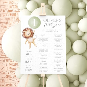 Lion 1st Birthday Milestone Sign, Milestone Board, 1st Birthday, Wild One Birthday Milestone Sign Printable Lion Milestone Poster Sage Green