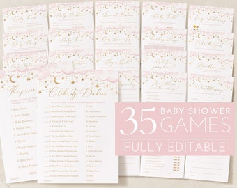May include: A set of 35 printable baby shower games with a pink and gold color scheme. The games feature a moon and stars design with the text "Baby Shower Games" and "Fully Editable".