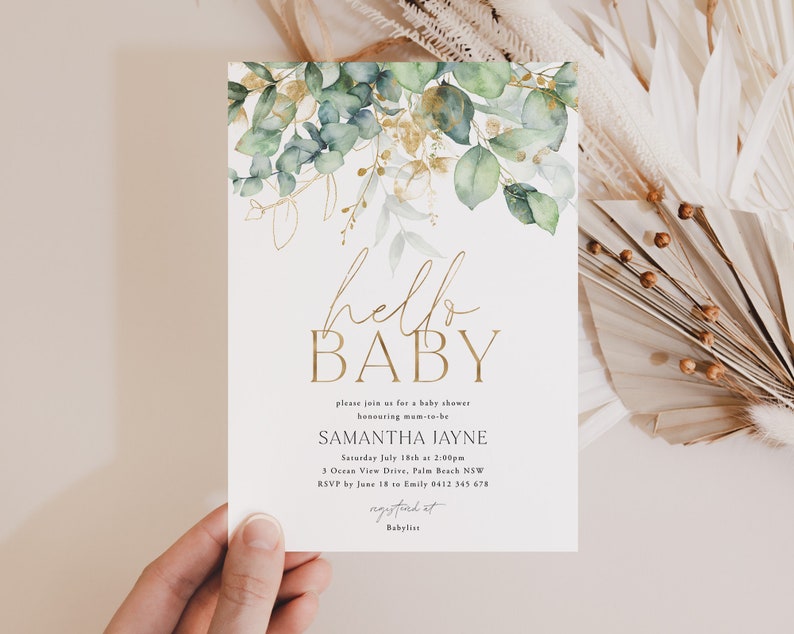 Greenery Baby Shower Invitation, Eucalyptus Invitation Template, Gender Neutral Baby Shower, Baby Boy, Printable, Watercolor Leaves, Phone image 9