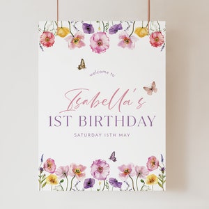Wildflower 1st Birthday Welcome Sign, Wildflower Welcome Sign, Baby First Birthday, Girls 1st Birthday Sign Floral, 1st Birthday Butterfly