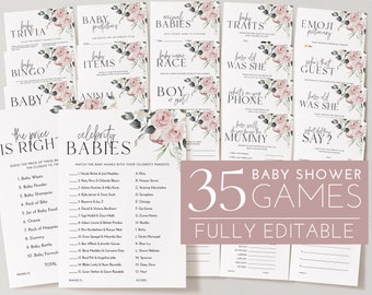 Può includere: Un set di 35 giochi di baby shower stampabili con un design floreale rosa e verde. I giochi includono "Baby Trivia", "Baby Bingo", "Baby Predictions", "Baby Items", "Baby Name Race", "Boy or Girl", "Baby Traits", "Emoji Pictionary", "Who's That Guest", "How Old Was She", "What's On Your Phone", "How Well Do You Know The Mummy", "What Did They Say", "The Price Is Right", "Celebrity Babies".
