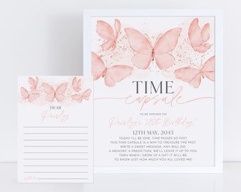 May include: A pink and white time capsule printable with butterflies. The text reads "Time Capsule" and "To be opened on Paisley's 18th Birthday!" with the date "12th May, 2045".