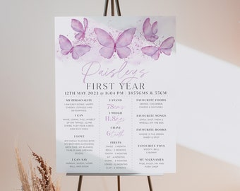 Puede incluir: Un póster de hitos del primer cumpleaños imprimible en rosa y blanco con mariposas. El póster incluye el nombre del niño, Paisley, y detalles sobre su primer año, incluyendo su peso, altura, comidas favoritas, canciones, libros y juguetes.