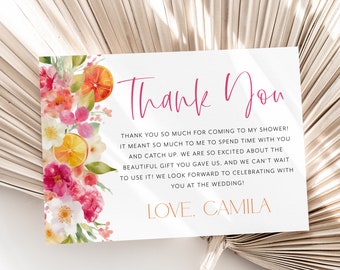 Citrus Thank You Card Template, Printable Main Squeeze Bridal Shower Thank You Card Instant Download Thank You Card, Bridal Thank You Pink