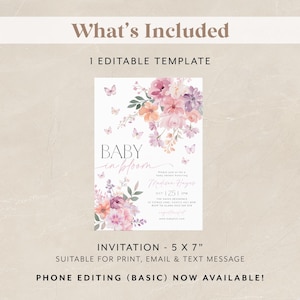 May include: A printable baby shower invitation featuring a floral design. The invitation has a watercolour illustration of pink and purple flowers with butterflies. The text "Baby in Bloom" is written in a script font. The invitation is 5 inches by 7 inches.