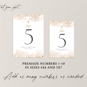 May include: Set of ten premade table numbers for a christening or baptism. The numbers are in a gold and white watercolor style with a gold cross and the word "table" above each number. The numbers are available in two sizes: 4x6 inches and 5x7 inches.