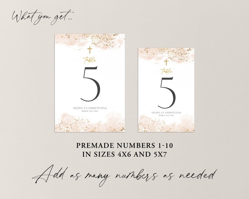 May include: Set of ten premade table numbers for a christening or baptism. The numbers are in a gold and white watercolor style with a gold cross and the word "table" above each number. The numbers are available in two sizes: 4x6 inches and 5x7 inches.