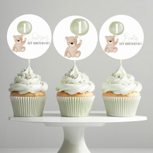 Bear Cupcake Toppers, Beary 1st Birthday, Beary First Cupcake Toppers, Bear Birthday Cupcake, 1st Birthday Boy, Sage Green Bear Boy Birthday