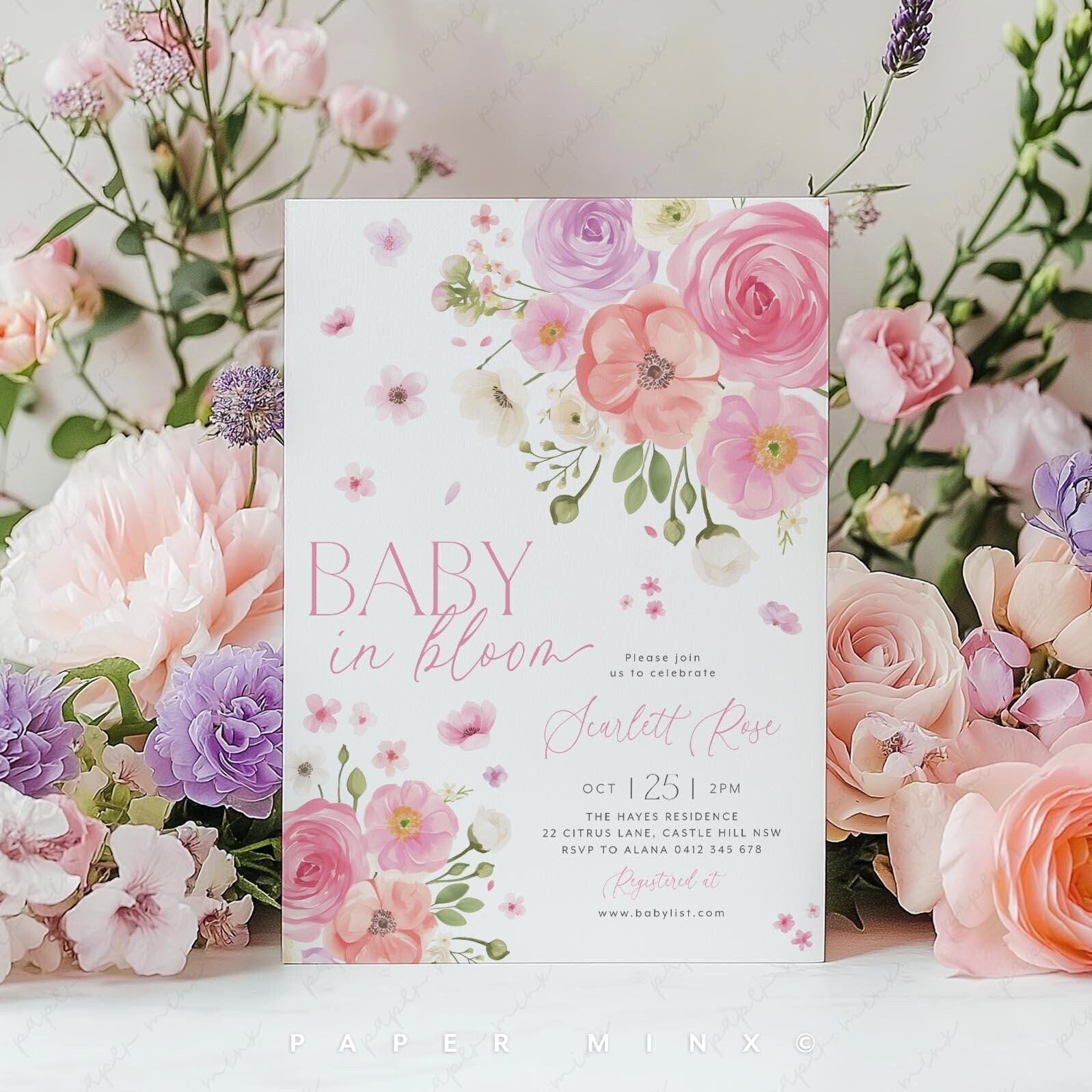 Baby in Bloom Invitation, Pink Purple Floral Baby Shower Invitation, Bright Flower Invitation, Floral Baby Brunch Invite, Bloom Invite Pink
