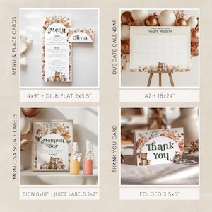 May include: A set of printable baby shower party decorations with a woodland theme. The set includes a menu, a due date calendar, a sign for a mimosa bar, and a thank you card. The decorations feature a brown bear, green leaves, and a light brown background.