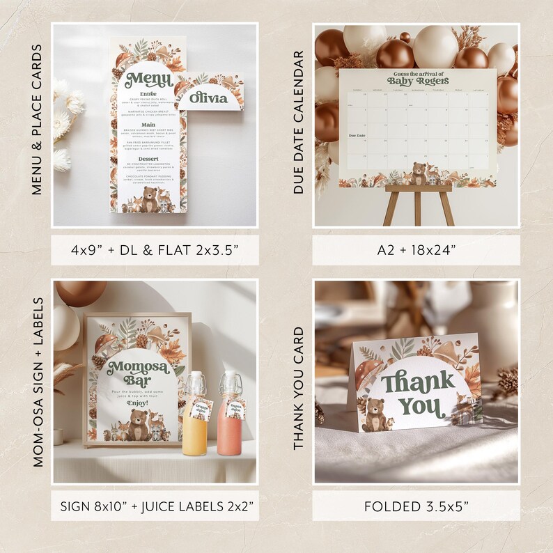 May include: A set of printable baby shower party decorations with a woodland theme. The set includes a menu, a due date calendar, a sign for a mimosa bar, and a thank you card. The decorations feature a brown bear, green leaves, and a light brown background.
