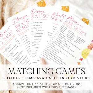 Pu&ograve; includere: Un set di giochi di abbinamento stampabili con un tema di agrumi. I giochi includono canzoni d'amore Disney, citazioni d'amore di film e tradizioni di matrimonio. Il testo sulle carte &egrave; rosa.