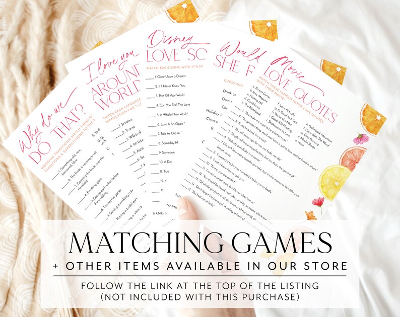 Pu&ograve; includere: Un set di giochi di abbinamento stampabili con un tema di agrumi. I giochi includono canzoni d'amore Disney, citazioni d'amore di film e tradizioni di matrimonio. Il testo sulle carte &egrave; rosa.