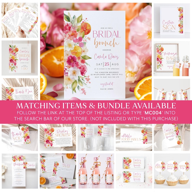 May include: A selection of bridal brunch stationery featuring floral and orange slice designs. Includes invitations, thank you cards, food labels, and cupcake toppers. The main invitation reads "Join us for a Bridal Brunch" with the date and time.