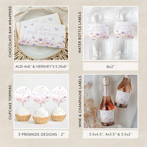 May include: A set of printable baby shower party decorations featuring a watercolor floral design with butterflies and the text "Selena's Baby Shower". The set includes chocolate bar wrappers, water bottle labels, cupcake toppers, and wine or champagne labels. The wrappers are 4x6 inches and 5.25x6 inches, the water bottle labels are 8x2 inches, the cupcake toppers are 2 inches in diameter, and the wine or champagne labels are 3.5x4.5 inches, 4x3.5 inches, and 3.5x2 inches.