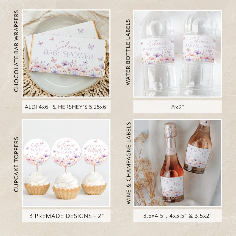 May include: A set of printable baby shower party decorations featuring a watercolor floral design with butterflies and the text "Selena's Baby Shower". The set includes chocolate bar wrappers, water bottle labels, cupcake toppers, and wine or champagne labels. The wrappers are 4x6 inches and 5.25x6 inches, the water bottle labels are 8x2 inches, the cupcake toppers are 2 inches in diameter, and the wine or champagne labels are 3.5x4.5 inches, 4x3.5 inches, and 3.5x2 inches.