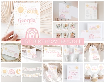 First Trip Around the Sun 1st Birthday Invitation Bundle, Rainbow Sun Birthday Invitation, Sun Birthday Party, 1st Birthday Girl, Sun Invite