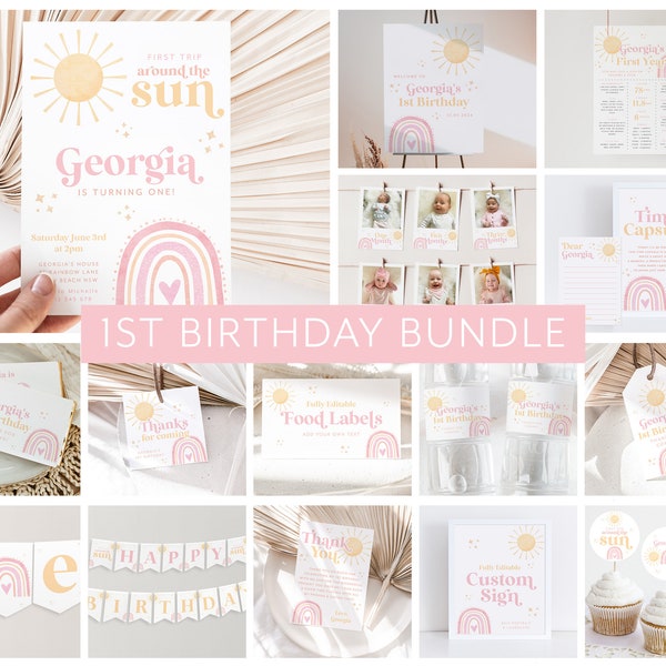 First Trip Around the Sun 1st Birthday Invitation Bundle, Rainbow Sun Birthday Invitation, Sun Birthday Party, 1st Birthday Girl, Sun Invite