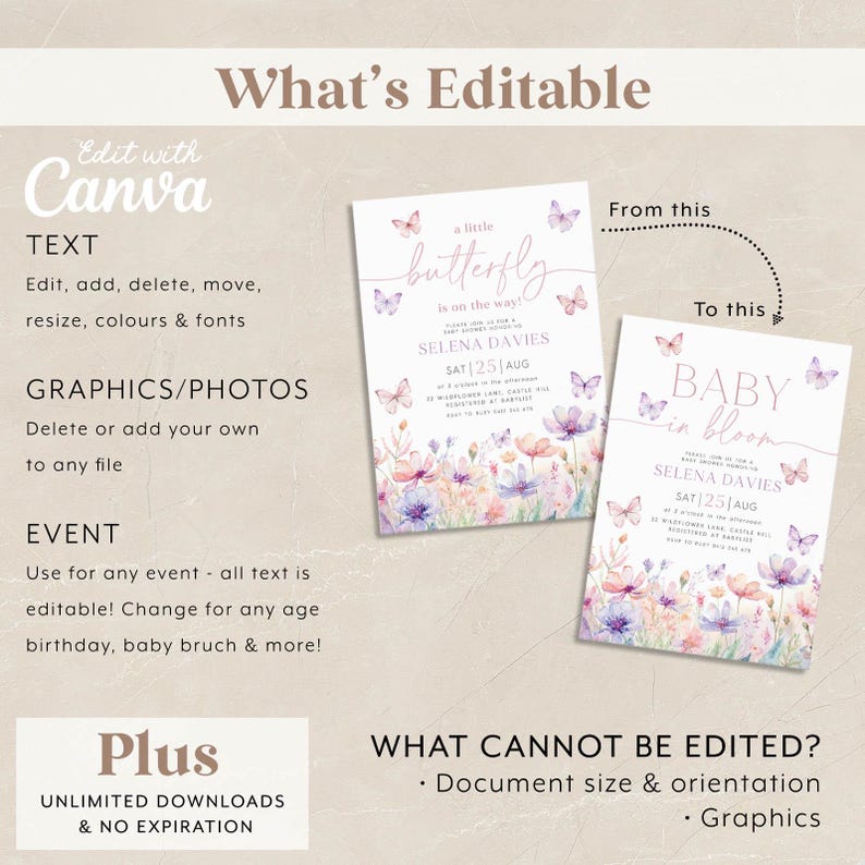 Butterfly Baby Shower Invitation, Purple Butterfly Invitation Template, Butterfly Baby Shower Invitation Girl, Butterflies and Flowers Pink image 5