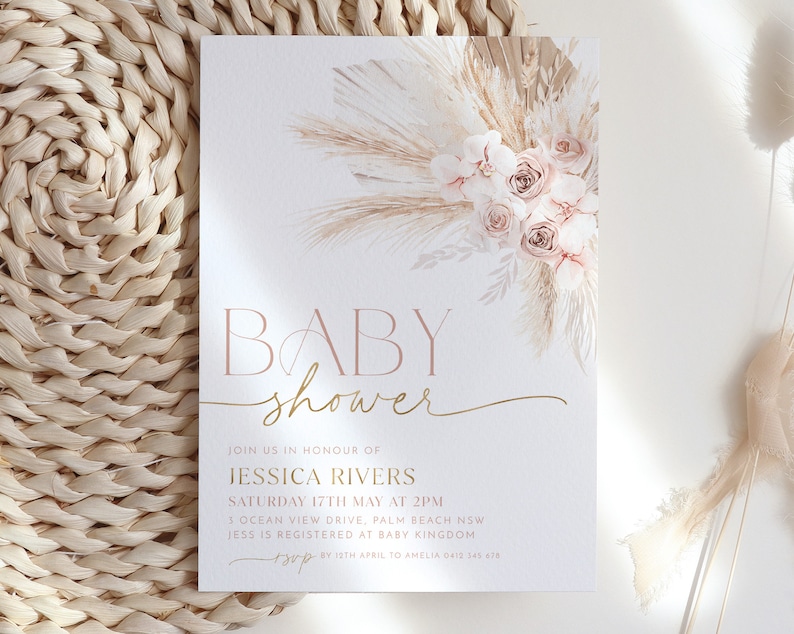 Boho Baby Shower Invitation, Boho Floral Baby Shower, Baby Girl Baby Shower Invite, Dried Flower Invitation, Muted Pink Boho Baby Invitation image 4