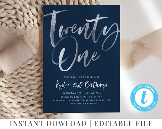 21st Birthday Invitation, Male Birthday Invitation Template, Navy Blue, Editable 21st Birthday Template, 21, Twenty One, Navy Invitation