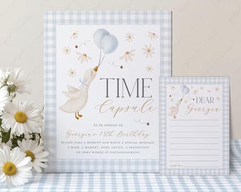 One Silly Goose 1st Birthday Time Capsule Sign & Cards Canva Template (Digital Download