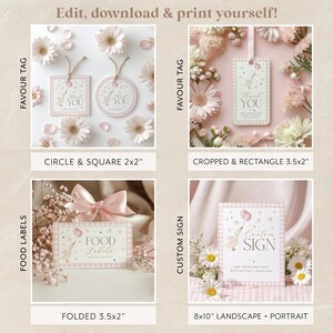 May include: Printable digital download of pink and white baby shower party favor tags, food labels, and a custom sign. The tags and labels feature a cute illustration of a hot air balloon with a baby girl inside. The sign says "Custom Sign" and has space to add your own text. The designs are in a pink and white color scheme with a gingham pattern.
