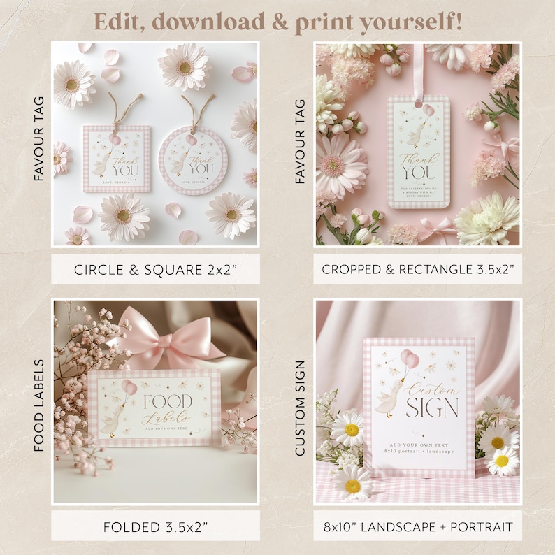 May include: Printable digital download of pink and white baby shower party favor tags, food labels, and a custom sign. The tags and labels feature a cute illustration of a hot air balloon with a baby girl inside. The sign says "Custom Sign" and has space to add your own text. The designs are in a pink and white color scheme with a gingham pattern.