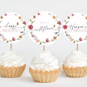 Wildflower Cupcake Toppers, Flower 1st Birthday, Wildflower Birthday Cupcake Toppers, 1st Birthday Girl, Pink Flower Birthday Cupcake Topper