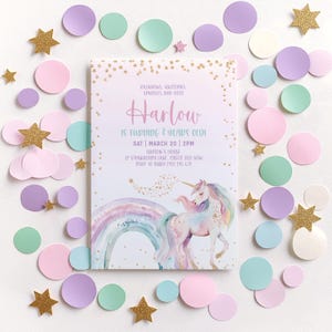 May include: A birthday invitation with a unicorn and rainbow design. The invitation reads "Harlow is turning 3 years old!" surrounded by pastel confetti and gold glitter stars.