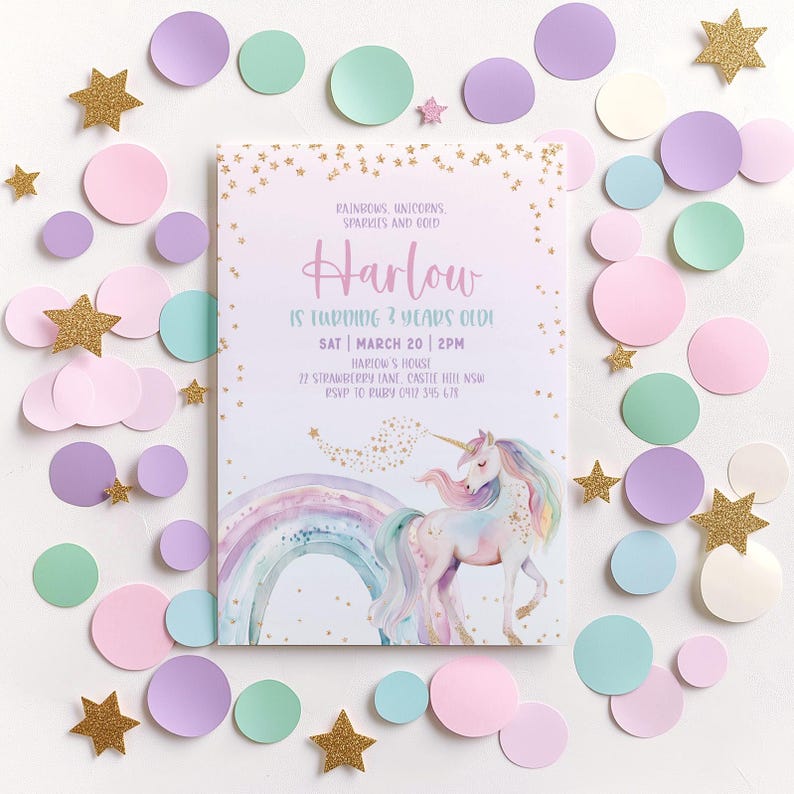 May include: A birthday invitation with a unicorn and rainbow design. The invitation reads "Harlow is turning 3 years old!" surrounded by pastel confetti and gold glitter stars.
