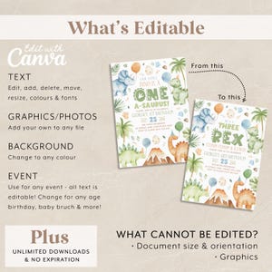 May include: Editable dinosaur birthday invitation template with a green, brown, and blue color scheme. The template features a dinosaur with a party hat and a banner that says "Our Little Dino is a One-A-saurus!" The template also includes a text box for the child's name, age, and party details.
