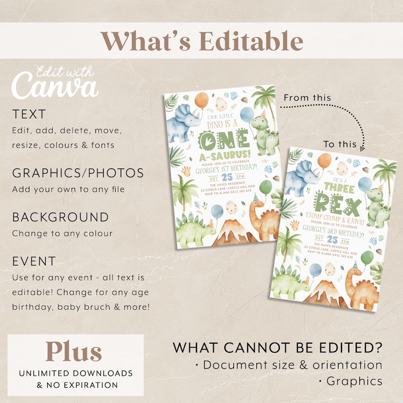 May include: Editable dinosaur birthday invitation template with a green, brown, and blue color scheme. The template features a dinosaur with a party hat and a banner that says "Our Little Dino is a One-A-saurus!" The template also includes a text box for the child's name, age, and party details.