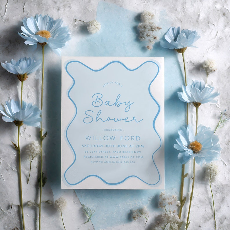 Blue Baby Shower Invitation Boy, Wavy Invitation, Curve Invite, Wave Invitation, Modern Baby Shower, Blue Baby Shower, Baby Boy Shower image 2