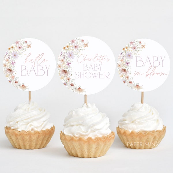 Wildflower Cupcake Toppers, Floral Baby Shower Cupcake Toppers, Printable Cupcake Toppers, Editable Cupcake Toppers, Pink Flower Cupcake