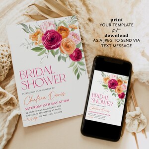May include: A printable bridal shower invitation template with a floral design featuring pink, orange, and green flowers. The text on the invitation reads "Bridal Shower" and "Chelsea Davis".