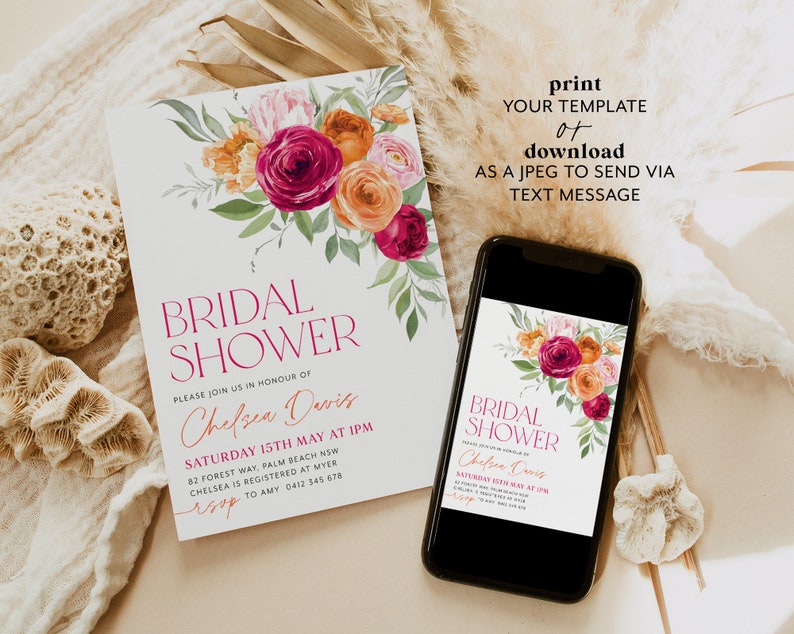 May include: A printable bridal shower invitation template with a floral design featuring pink, orange, and green flowers. The text on the invitation reads "Bridal Shower" and "Chelsea Davis".