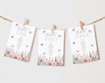 Butterfly Table Numbers, Bridal Shower Table Numbers, Floral Table Number Template Printable, Lifetime of Butterflies Seating Cards Purple