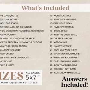 Puede incluir: Un juego de boda beige con una lista de 30 juegos, incluyendo "Movie Love Quotes" y "Bridal Bingo". El conjunto incluye juegos de 12,7 x 17,8 cm y un boleto "How Many Kisses" de 8,9 x 5,1 cm. Respuestas incluidas.