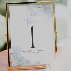 Table Numbers, Christening Table Numbers, Blue Gold Table Numbers, Baptism Table Number Template, Printable Table Numbers, Editable Baptism