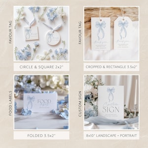 May include: Printable wedding stationery templates featuring a blue watercolor bow design. The templates include favor tags, food labels, and a custom sign. The templates are available in various sizes, including 2x2 inches, 3.5x2 inches, and 8x10 inches.