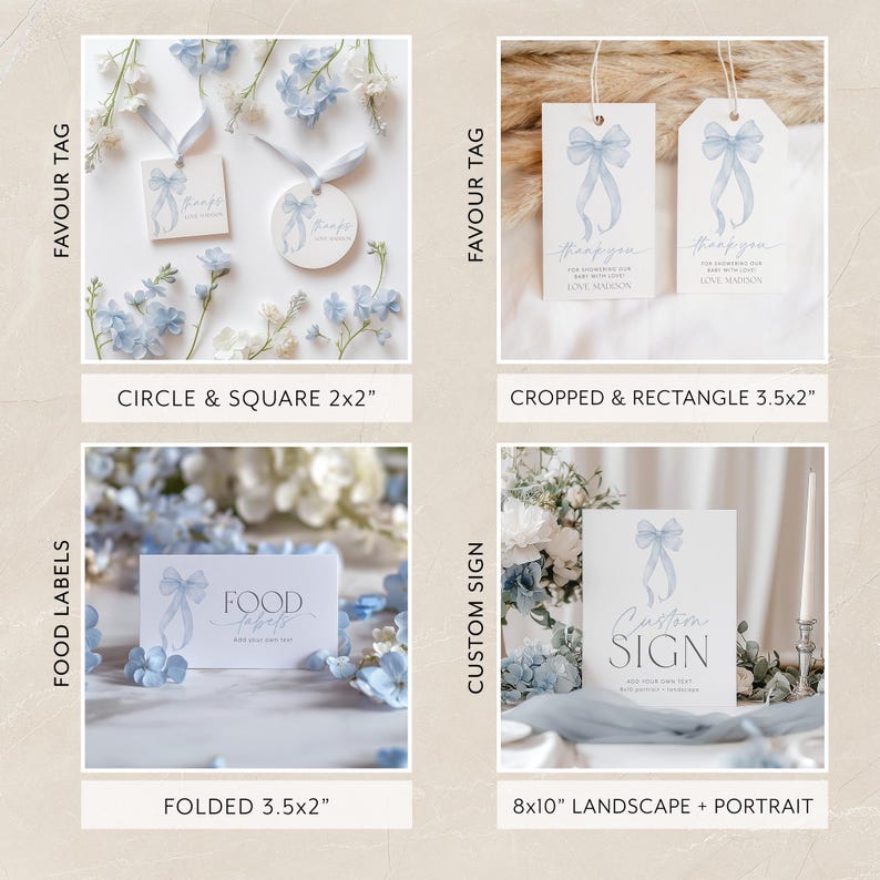 May include: Printable wedding stationery templates featuring a blue watercolor bow design. The templates include favor tags, food labels, and a custom sign. The templates are available in various sizes, including 2x2 inches, 3.5x2 inches, and 8x10 inches.