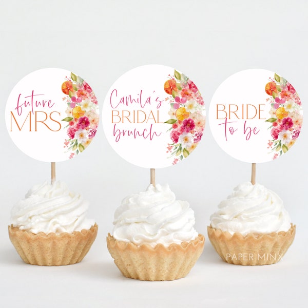 Citrus Cupcake Toppers, Main Squeeze Bridal Shower Cupcake Toppers Printable, Editable Cupcake Toppers, Pink Floral Citrus Bridal Cupcake