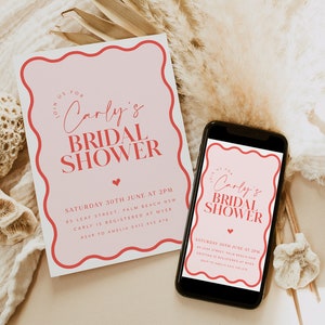 May include: A pink and red bridal shower invitation with a wavy border. The invitation says "Join us for Carly's Bridal Shower" and includes the date, time, location, and RSVP information.