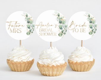 Greenery Cupcake Toppers, Bridal Shower Cupcake Toppers, Printable Green and Gold Cupcake Topper, Editable Cupcake, Greenery Bridal Decor