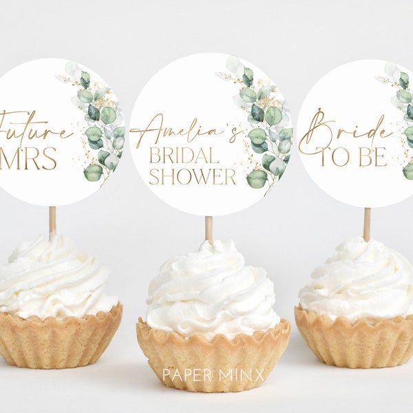 Greenery Cupcake Toppers, Bridal Shower Cupcake Toppers, Printable Green and Gold Cupcake Topper, Editable Cupcake, Greenery Bridal Decor