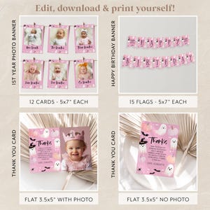 May include: Pink and white Halloween-themed printable party decorations. Includes a banner with the words "Happy Birthday", 12 photo cards, 15 flags, and two thank you cards. One thank you card has a space for a photo and the other does not.